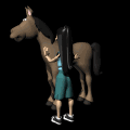 Meisje borstelt paard